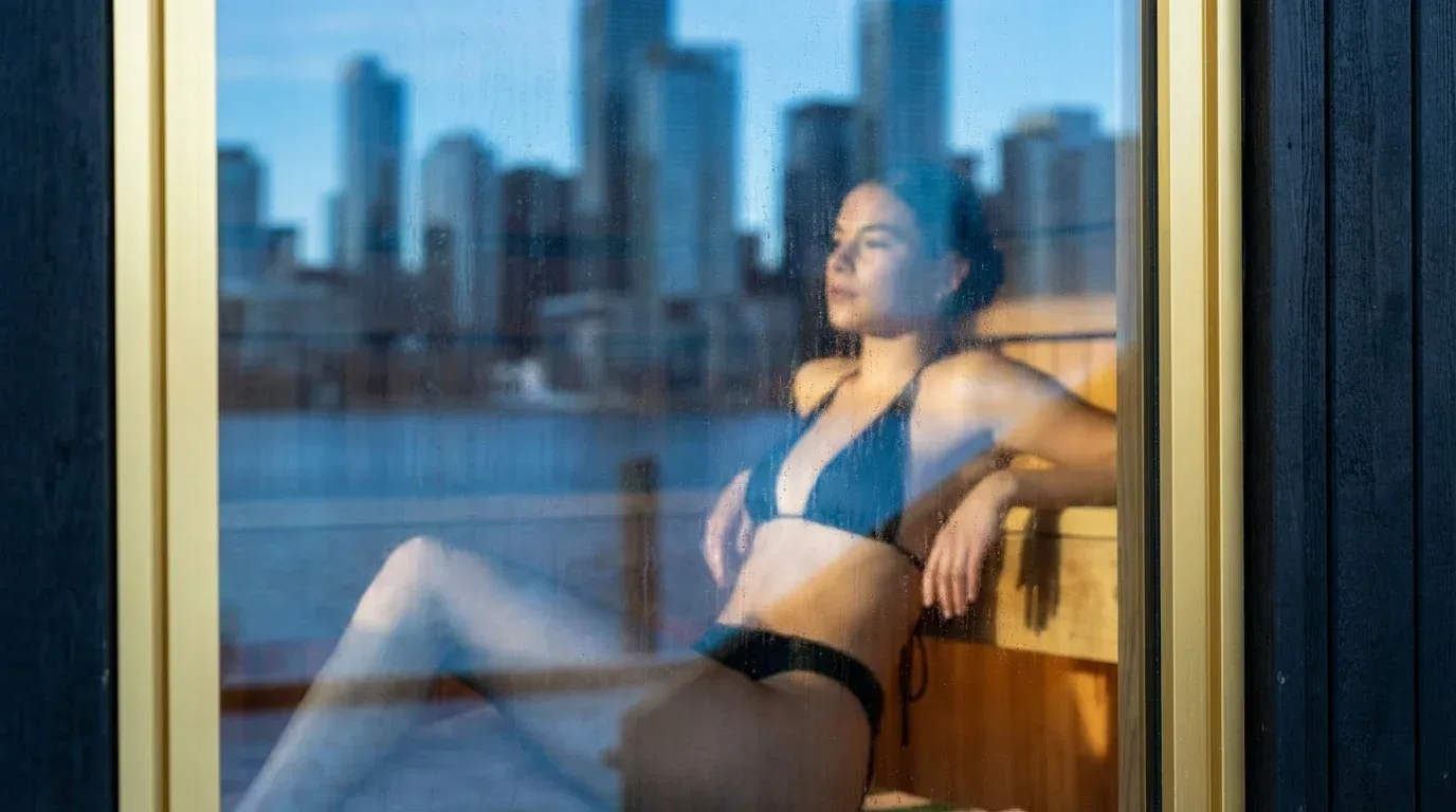 A guest on the sauna bench with the Toronto skyline through the window