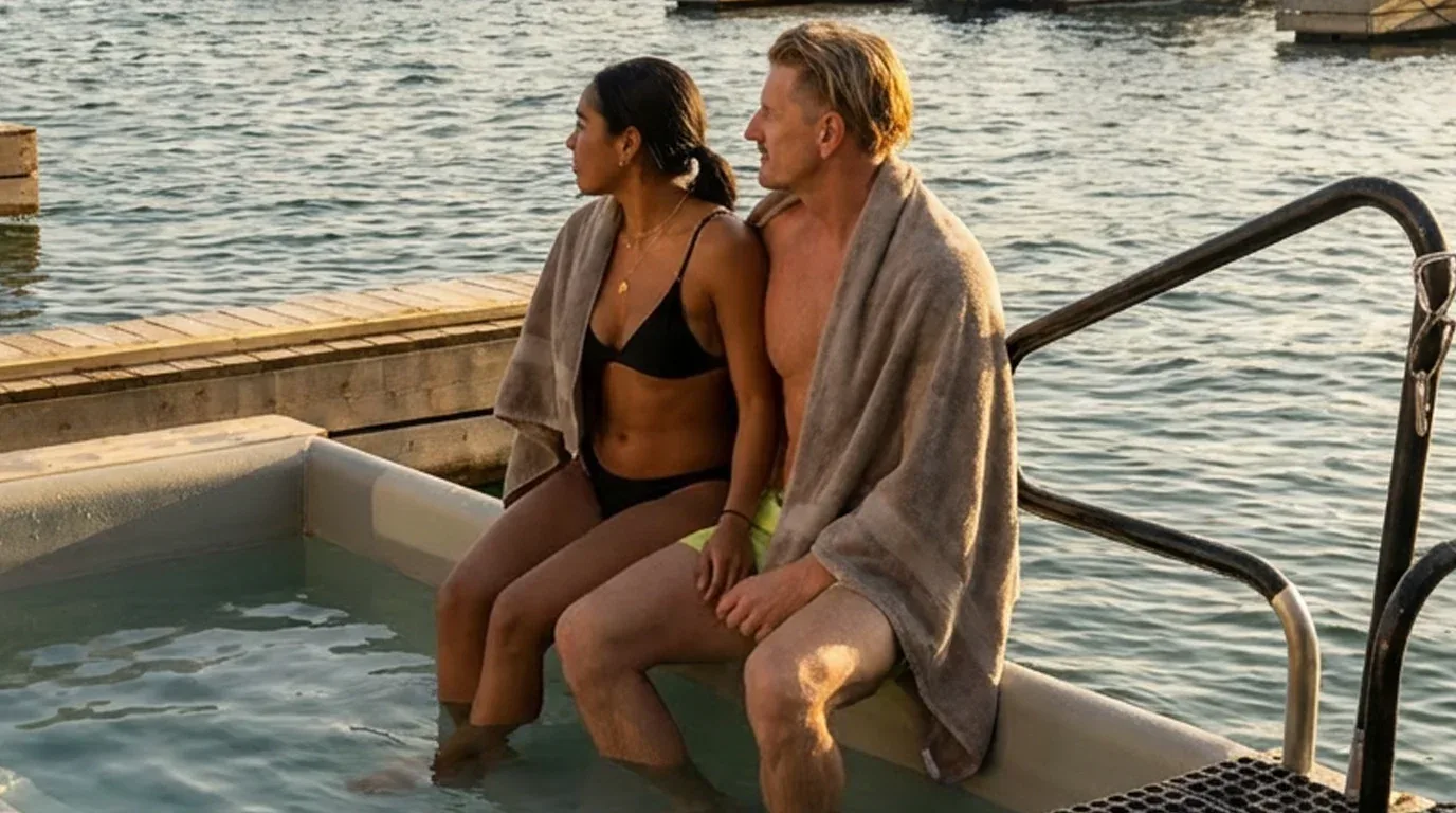 Two guests at the edge of the cold plunge