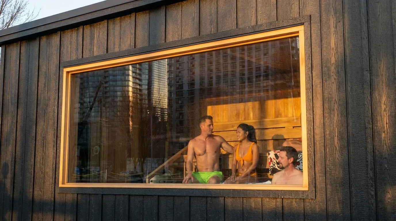 Guests in the sauna window at golden hour