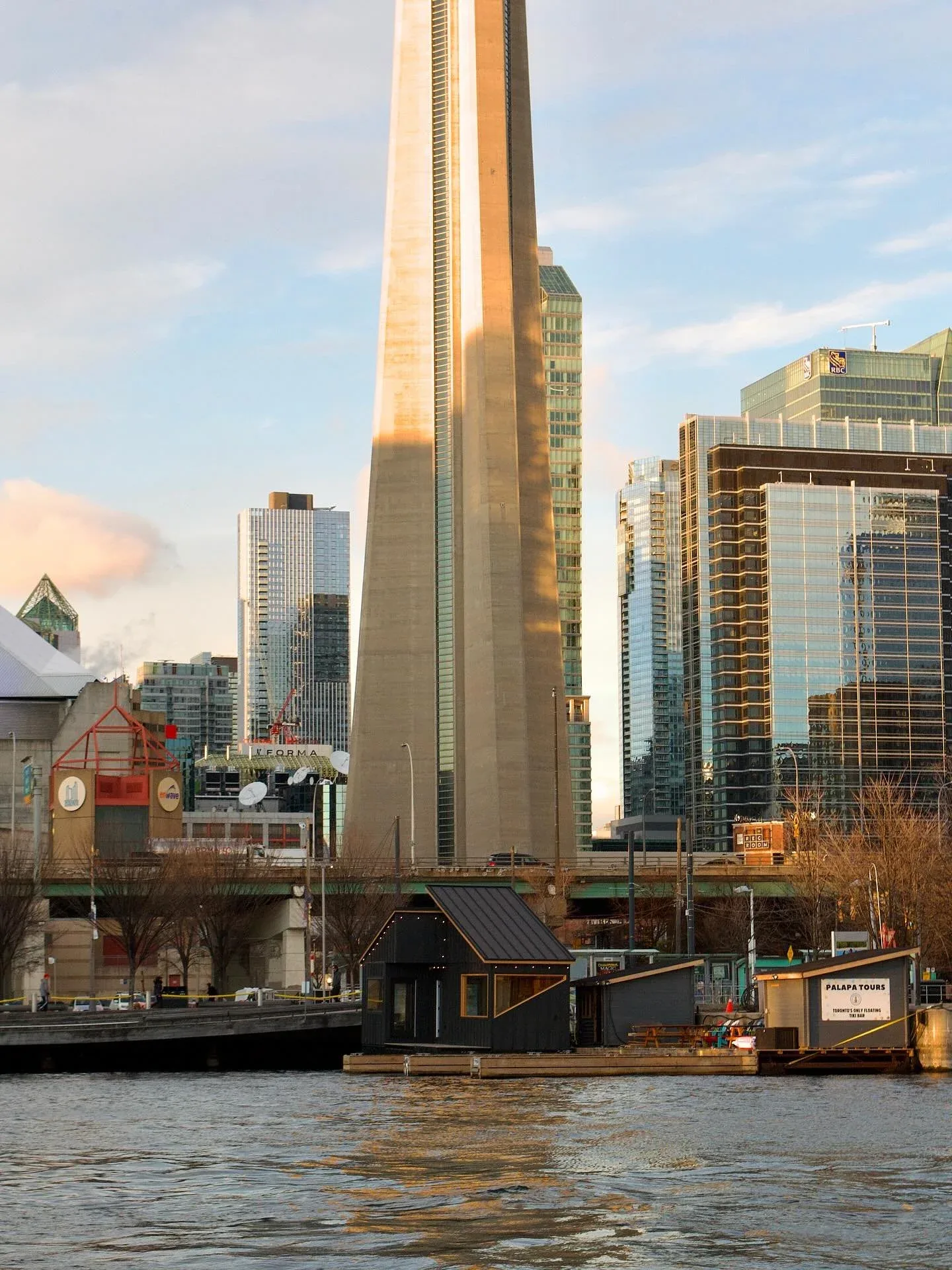 The CN Tower from the water beside the sauna